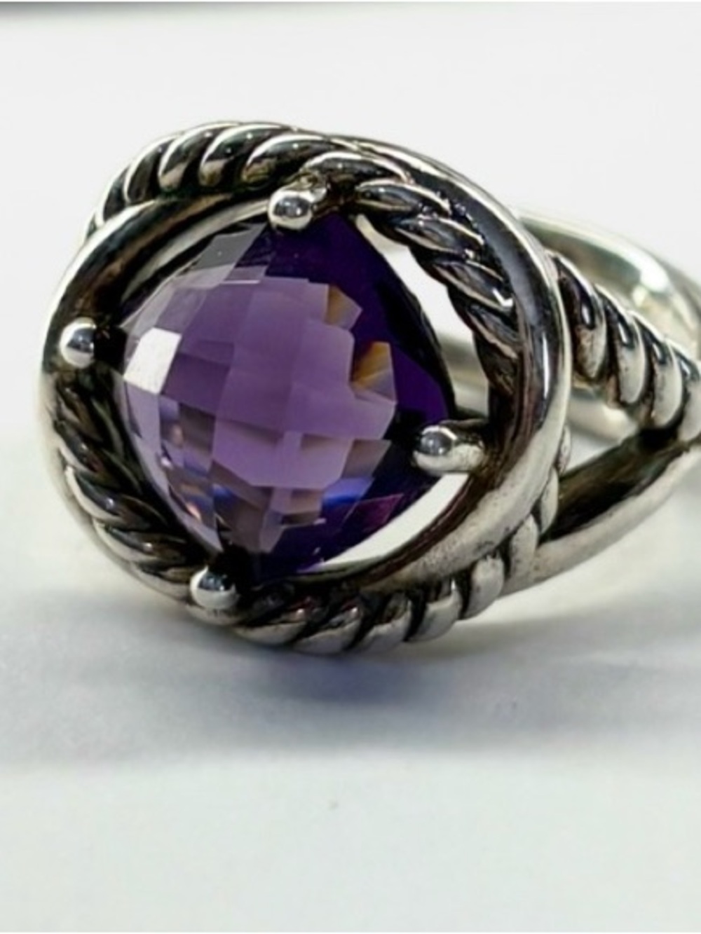 $750 David Yurman Sterling Silver Amethyst Cable Infinity Ring Size 7.5